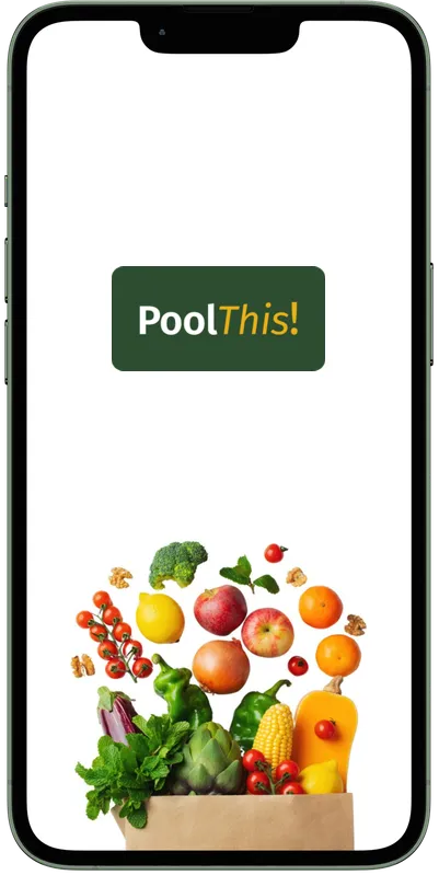 Phone with the PoolThis logo and fresh vegetables on the screen.
